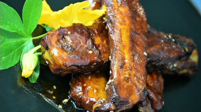 Tender sticky glazed meat ribs rich dark brown and glistening, garnished with bright yellow flower and fresh green herb leaves