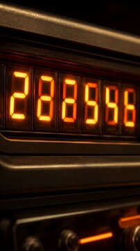 Amber seven-segment display updating across textured instrument bezel with warm directional lighting, shallow focus, glowing indicators, and subtle electronic change in close view