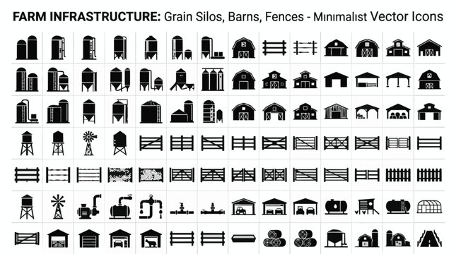 Modern farm infrastructure vector icons set. Minimalist grain silos, barns, and fences for agricultural design projects.
