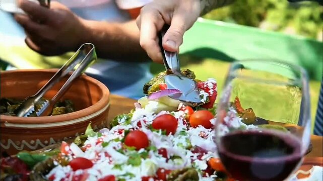 Hand serving colorful fresh salad with cherry tomatoes, cheese, herbs and onion; red wine glass and clay bowl sit nearby outdoors