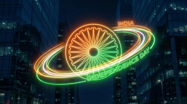 Futuristic glowing neon Ashoka Chakra with light trails and India Independence Day text on corporate building background