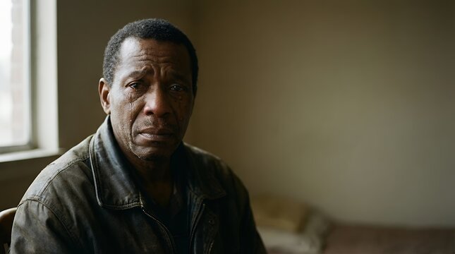 Poignant portrait of a sad Black looking at camera A powerful and emotional portrait of a Black man his face conveying deep sadness and pain as he looks directly into the camera lens portrait face
