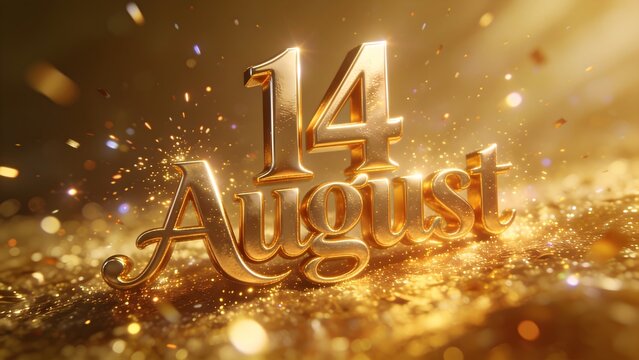 Photograph of the number "14 August" in shiny gold letters, set against a golden, sparkly background, creating a celebratory, festive atmosphere.