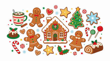 Naklejka premium Christmas gingerbread cookies and holiday sweets. Festive winter treats and candy icons set.