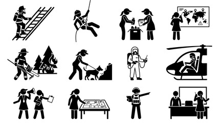Obraz premium Disaster Response Icons: Firefighter, Rescue, Hazmat, Helicopter, Evacuation