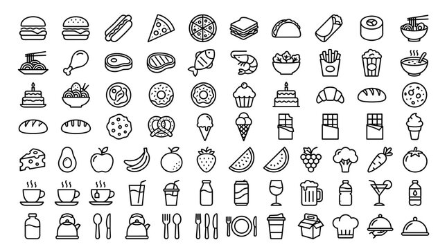 Set of 60 Food and Beverage Outline Icons Featuring Meals, Drinks, Desserts, Fruits, Fast Food, and Kitchen Essentials Editable Stroke Vector Collection