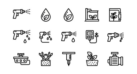 Fototapeta premium Irrigation and garden watering equipment icons set for agriculture