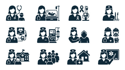 Fototapeta premium Medical Icons Set: Healthcare Professionals, Equipment, and Services