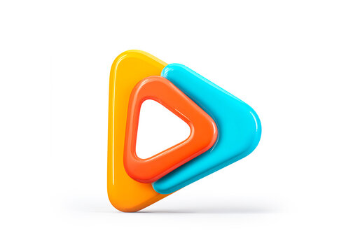Colorful abstract play button icon made of overlapping triangles on white background.