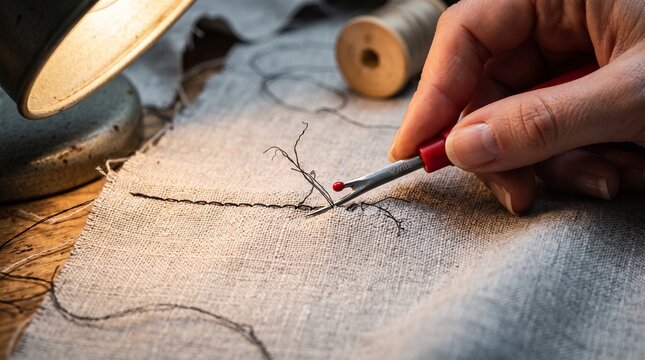 Person using seam ripper tool to remove stitches from fabric under lamp light.