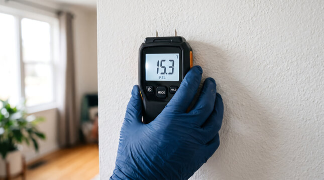 Close up of hand in blue glove using moisture meter device on textured white wall surface for dampness check during building inspection or professional home renovation work.