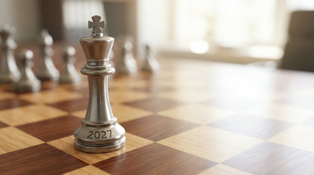 A strategic chessboard scene with a single chess piece prominently positioned featuring the year "2027" clearly marked on its base. A concept of forward planning future goals and calculated moves.