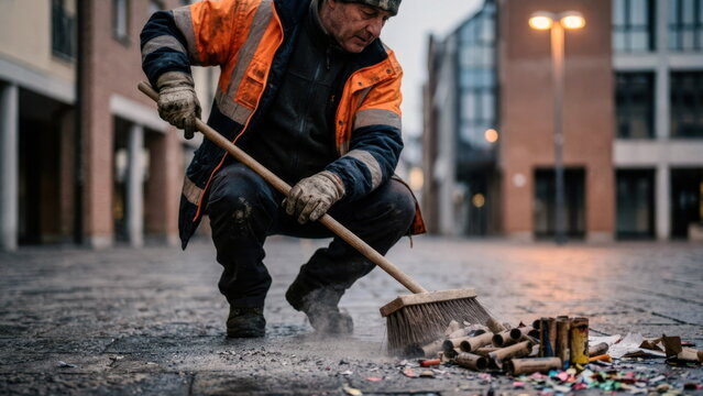 Municipal worker sweeping firework ash, confetti, and spent tubes from a town square at dawn