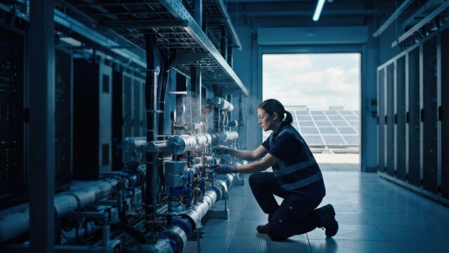 Engineer inspecting chilled-water manifolds and cable trays in a hyperscale datacenter, with rooftop solar panels visible through the service corridor.