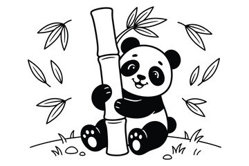 Cute cartoon panda sitting holding bamboo stalk for coloring page with coloring wildlife illustration © Abul
