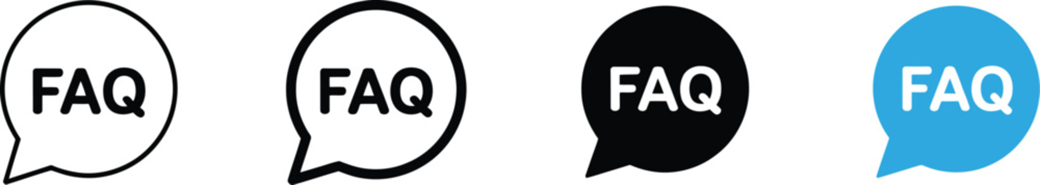 FAQ Chat Icon Set featuring frequently asked questions, help center, customer support, answer bubbles, online assistance, information service, and editable vector interface symbols.