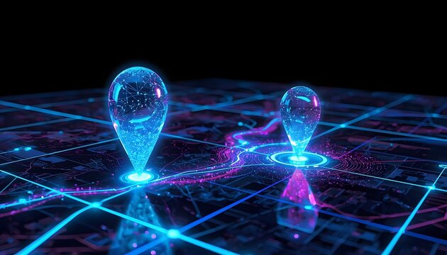 Futuristic digital map with glowing location pins. Connected navigation system with data path.