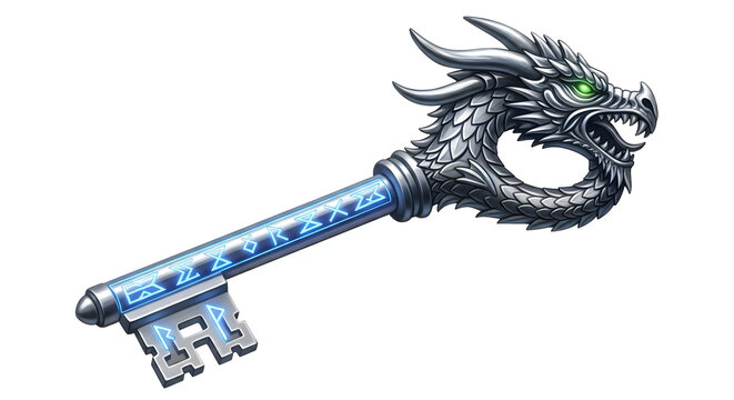 An ornate fantasy key featuring a detailed dragon head handle on white background