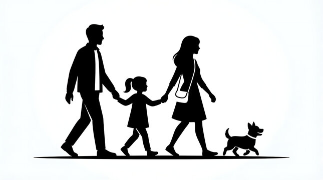 Silhouette of a family walking with a dog on a leash