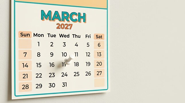 Close-Up 3D Render of a Colorful Wall Calendar Displaying the Month of March for the Year 2027 Marked with a White Pushpin for Reminder and Special Day Planning Concepts calendar march 2027 colorful