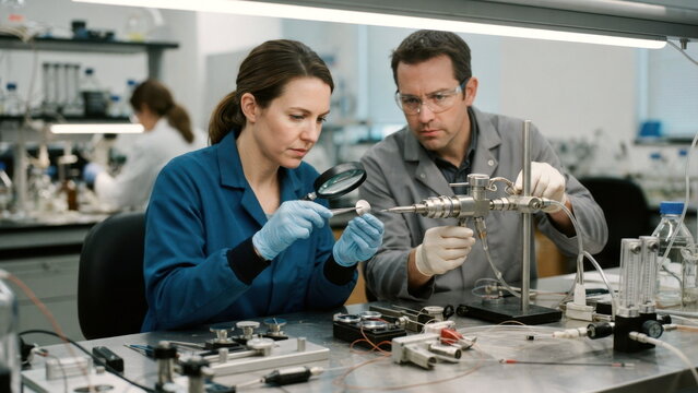 Climate researchers examine reflective sample discs, aerosol nozzle hardware, and thermal sensors on a stainless workbench in a clean lab.