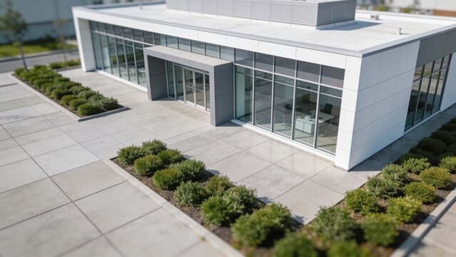 Small commercial office building with contemporary facade, parking area, and landscaped grounds.