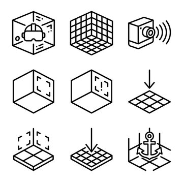 VR and AR Spatial Tracking Isometric Line Icon Set