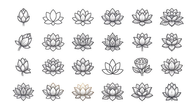 Set of various simple icons with black outlines on white background