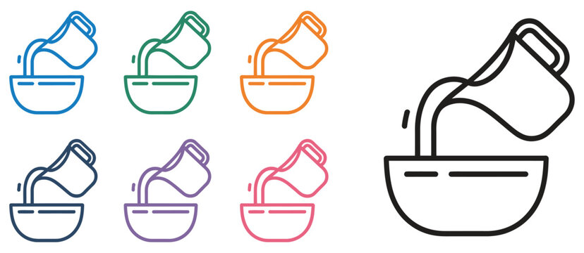Measuring cup icons featuring pouring liquid into bowls, kitchen measurement tools, plastic beakers, and colorful vector symbols