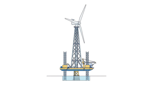 Oil rig platform with crane in the ocean under blue sky