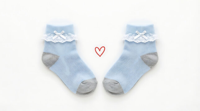 Cute white socks with red hearts and blue patterns
