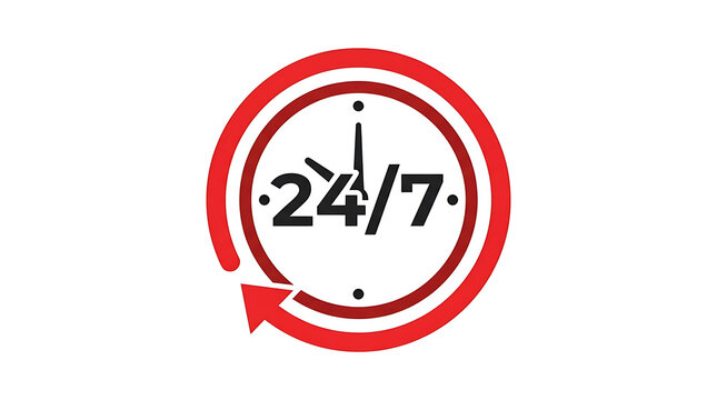 Clock showing 24/7 service with red circle design