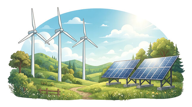 Wind turbines on green field with blue sky and clouds