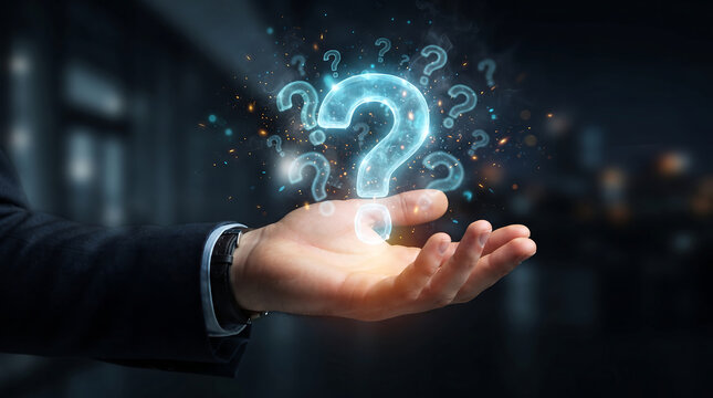 Businessman hand presenting glowing neon blue question mark icon symbol floating in dark atmosphere as conceptual representation for professional problem solving and strategy.