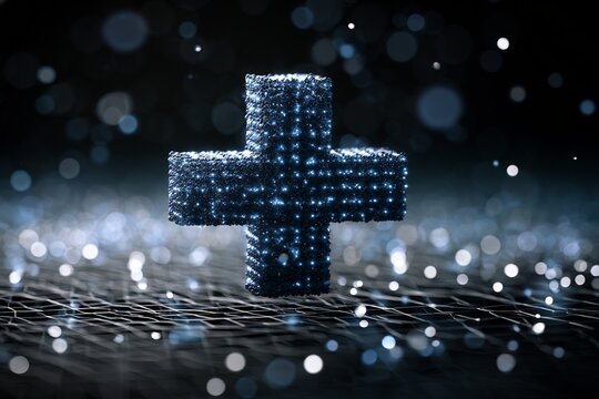 Abstract illuminated plus sign symbol on dark digital background with glowing particles and data mesh, conceptualizing positive technology and innovation.