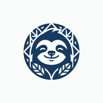 Stylized sloth head in circular geometric leaf frame