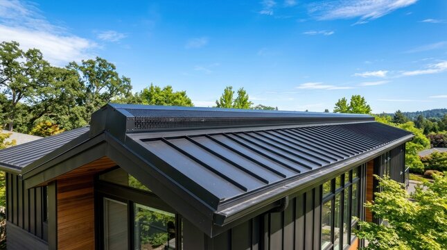 Modern Dark Metal Roof on a Contemporary House Exterior.