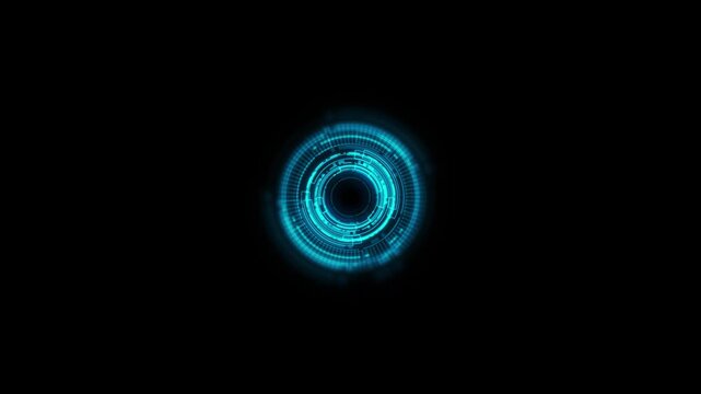 Minimal blue tech target visual centered glowing circles, black negative space, clean digital ring animation. futuristic logo reveals, biometric scans, HUD elements, software screens, motion graphics.