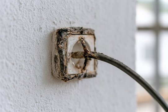 Burned electrical outlet with damaged wire on a textured white wall, showing a fire hazard and urgent repair need.