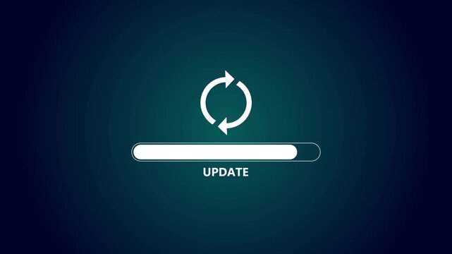 System update progress bar with rotating sync digital software installation loading animation on dark background