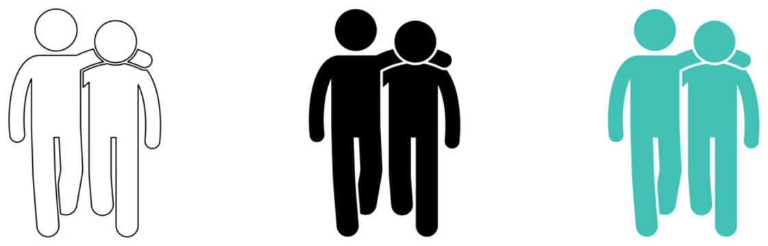 Friends icon set, two people hugging each other, friendship symbol, different styles.