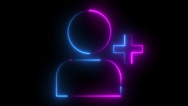 Glowing profile add user icon animation on black background .Looped Neon Lines abstract contact with add friend icon animation plus sign add member head face people man profile animated ..