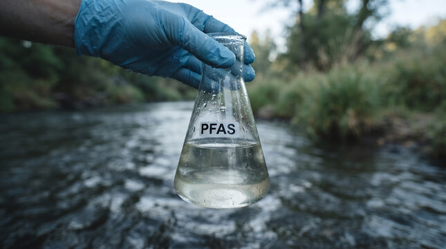 A gloved hand holding a glass erlenmeyer flask filled with water labeled pfas for scientific analysis of environmental river pollution chemical environment