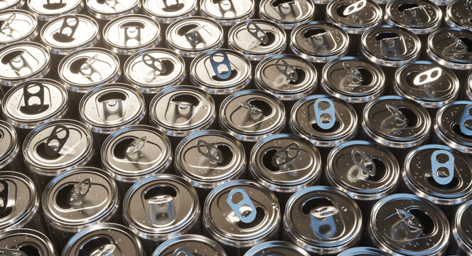 3D Rendering of numerous open aluminium cans from above