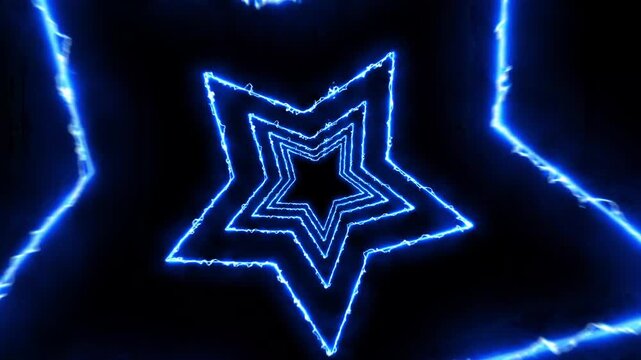 Neon blue star tunnel motion background, glowing electric energy vj loop, abstract futuristic space travel effect
