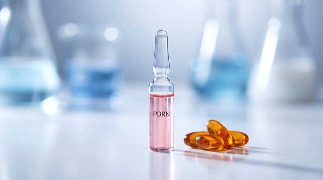 Medical ampoule with pink liquid and orange capsules in laboratory medicine pharmaceutical capsules laboratory healthcare chemistry research clinical medication