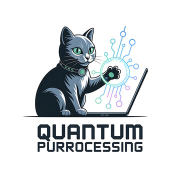 Futuristic cat using a quantum computer interface with text isolated on transparent background