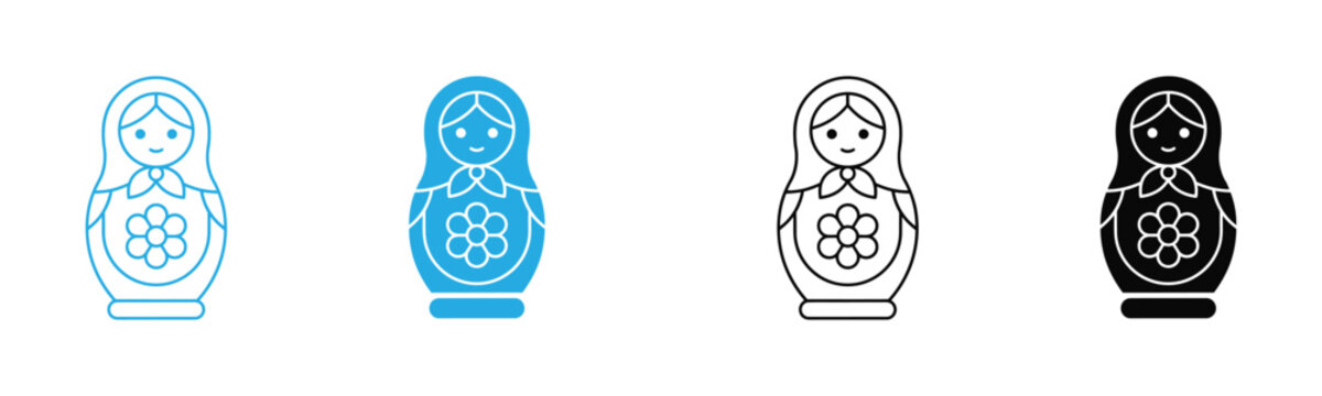 Traditional Russian culture icon set featuring a Matryoshka nesting doll decorated with a flower, representing Russian folklore, souvenirs, wooden craftsmanship, family inheritance, and Eastern .