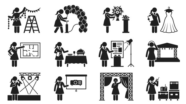 Event Planning Icons: Decor, Balloons, Stage, Catering, Presentations, Wedding