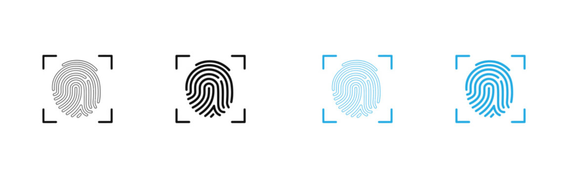 Biometric authentication icon set featuring a fingerprint inside a scan frame, representing biometric security, touch ID, digital identification, user verification, access control, and cybersecurity .